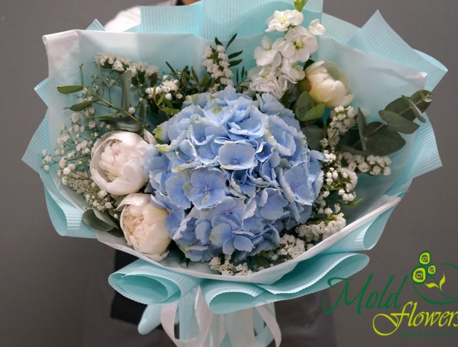 Buchet cu hortensie albastra si bujori "Cer senin" foto